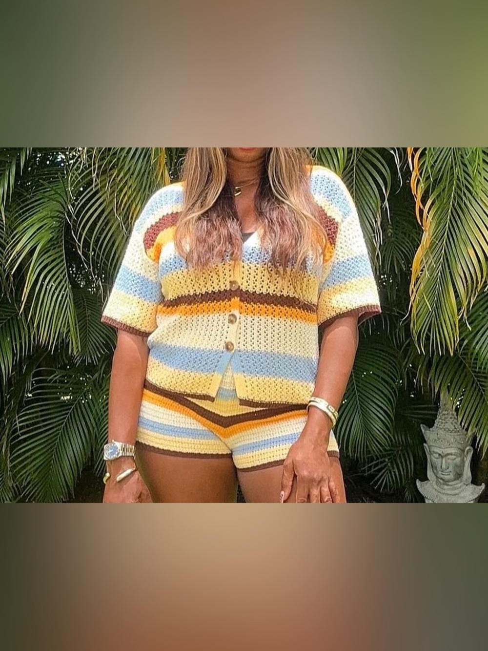 Striped Knit Short Sleeve Cardigan & Shorts Set - Yellow Blue